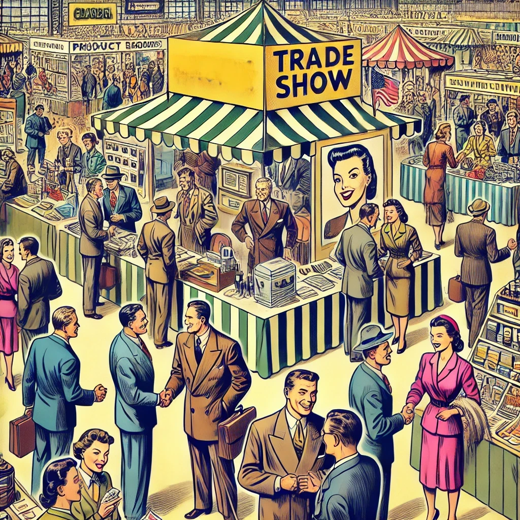 Illustration style bande dessinée des années 40 représentant un salon professionnel animé, avec exposants en tenue rétro interagissant avec des visiteurs enthousiastes.