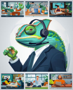 Un leader caméléon en costume, portant un casque audio, anime une visioconférence avec des collaborateurs répartis entre télétravail, coworking et présentiel.