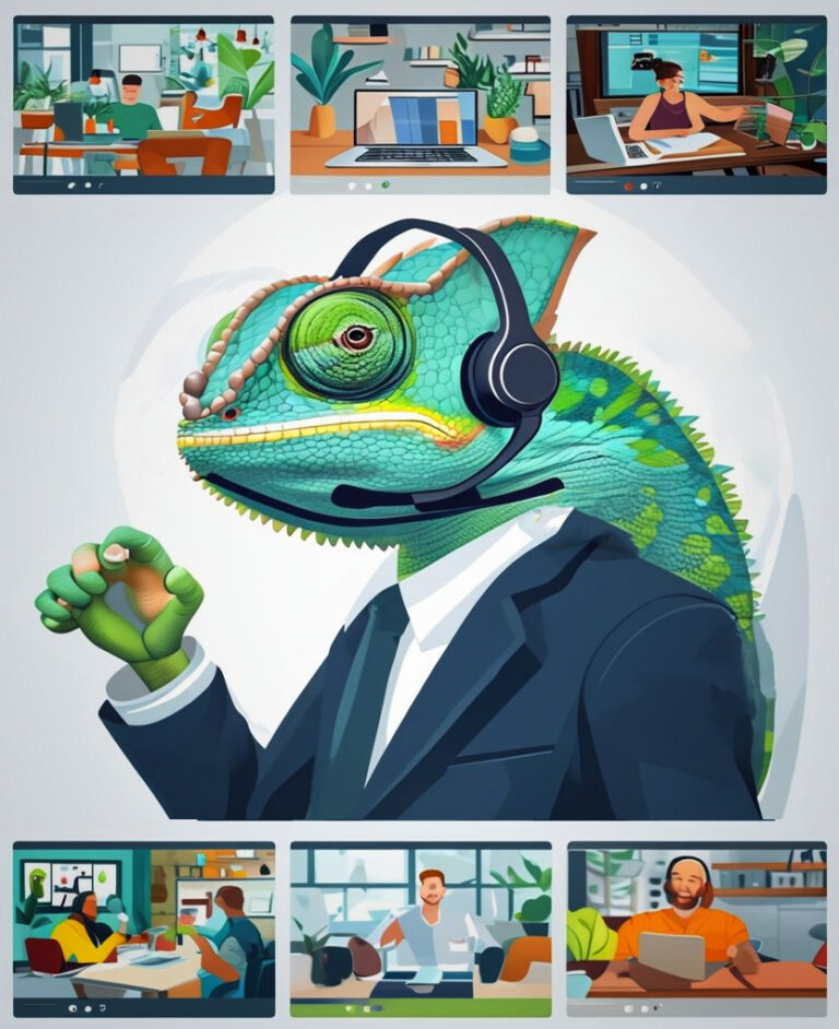 Un leader caméléon en costume, portant un casque audio, anime une visioconférence avec des collaborateurs répartis entre télétravail, coworking et présentiel.