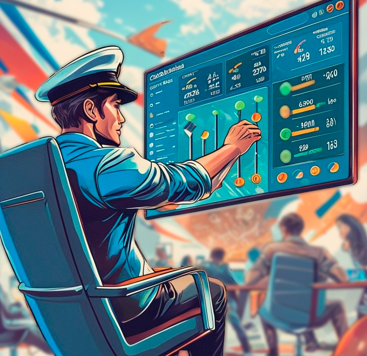 Un directeur commercial métaphorique en uniforme de capitaine ajuste des leviers sur un tableau de bord digital, symbolisant le pilotage de la performance commerciale à distance.