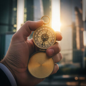 Mano sosteniendo una brújula con fondo urbano desenfocado al atardecer, representando la orientación estratégica del coaching comercial.