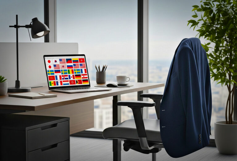 Laptop showing flags from multiple countries on a sleek office desk, representing cultural diversity and global management styles.