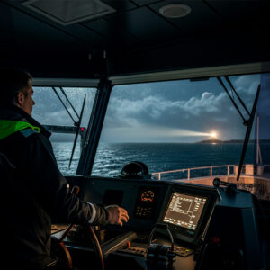 Un capitán solo al timón de un barco, guiado por la luz de un faro en la noche, simbolizando la soledad del líder y la importancia del coaching en la toma de decisiones.