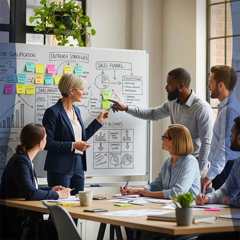 Consultant en discussion avec une équipe autour d’un tableau blanc rempli de post-its et de schémas de prospection commerciale.