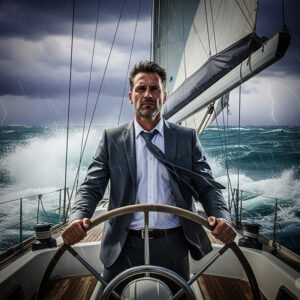 A business leader in a suit steering a sailboat through stormy seas, symbolizing agile management in times of uncertainty.