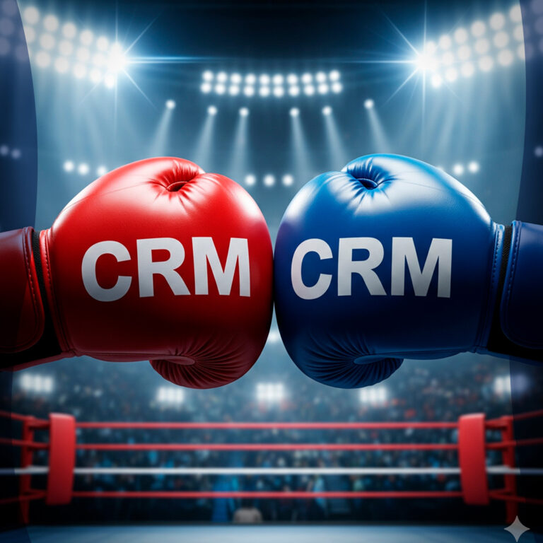 Two boxing gloves, red and blue, both labeled CRM, facing each other in a professional boxing ring under spotlights.