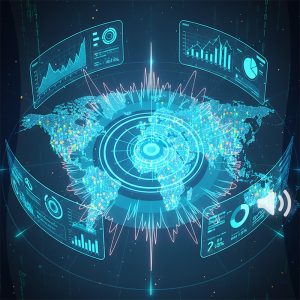 Digital radar scanning a world map with analytics and business data