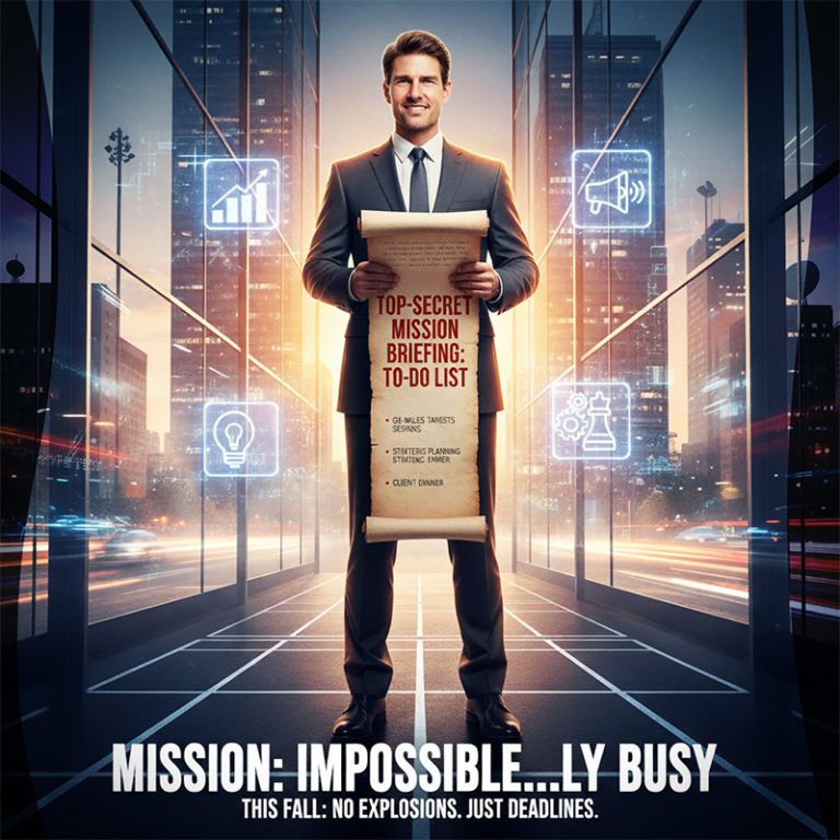 Directivo con traje sosteniendo una larga lista de tareas en un entorno cinematográfico inspirado en Misión Imposible.